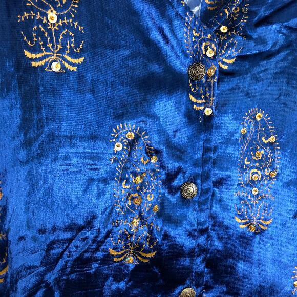 Soft Surroundings Velveteen Button Up Blouse Beaded Sequin Embroidered Blue 3X - Picture 5 of 9